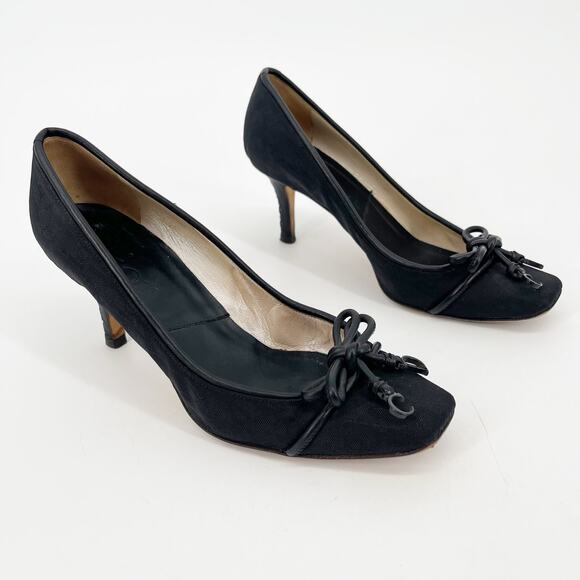 Dior Black Monogram Canvas CD Charm Bow Square Toe Mid Heel Pumps EU 37.5 - Picture 1 of 12